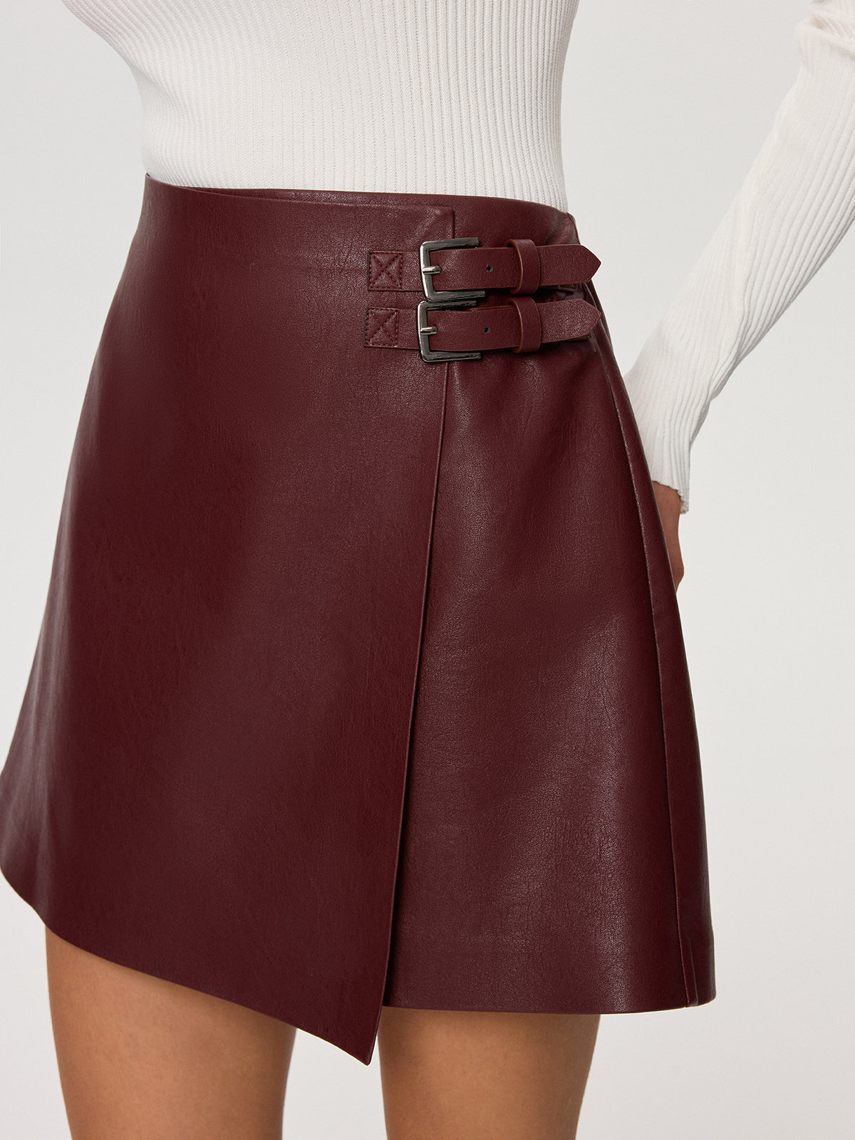 PU Leather Asymmetric Skirt with Double-Belt Detail