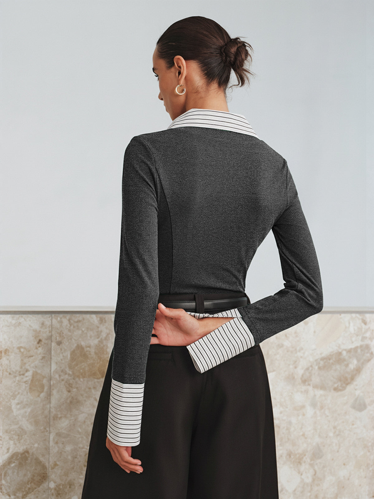 Mock Two-Piece Long-Sleeve Two Tone Polo Top