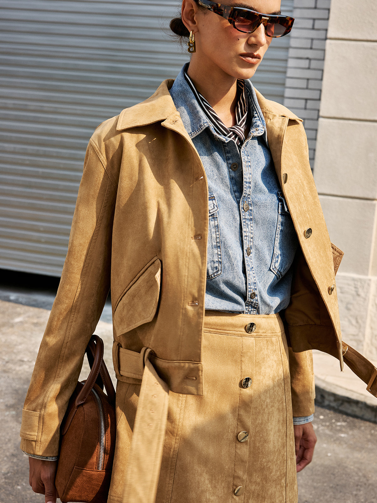 Belted Collared Suede Jacket