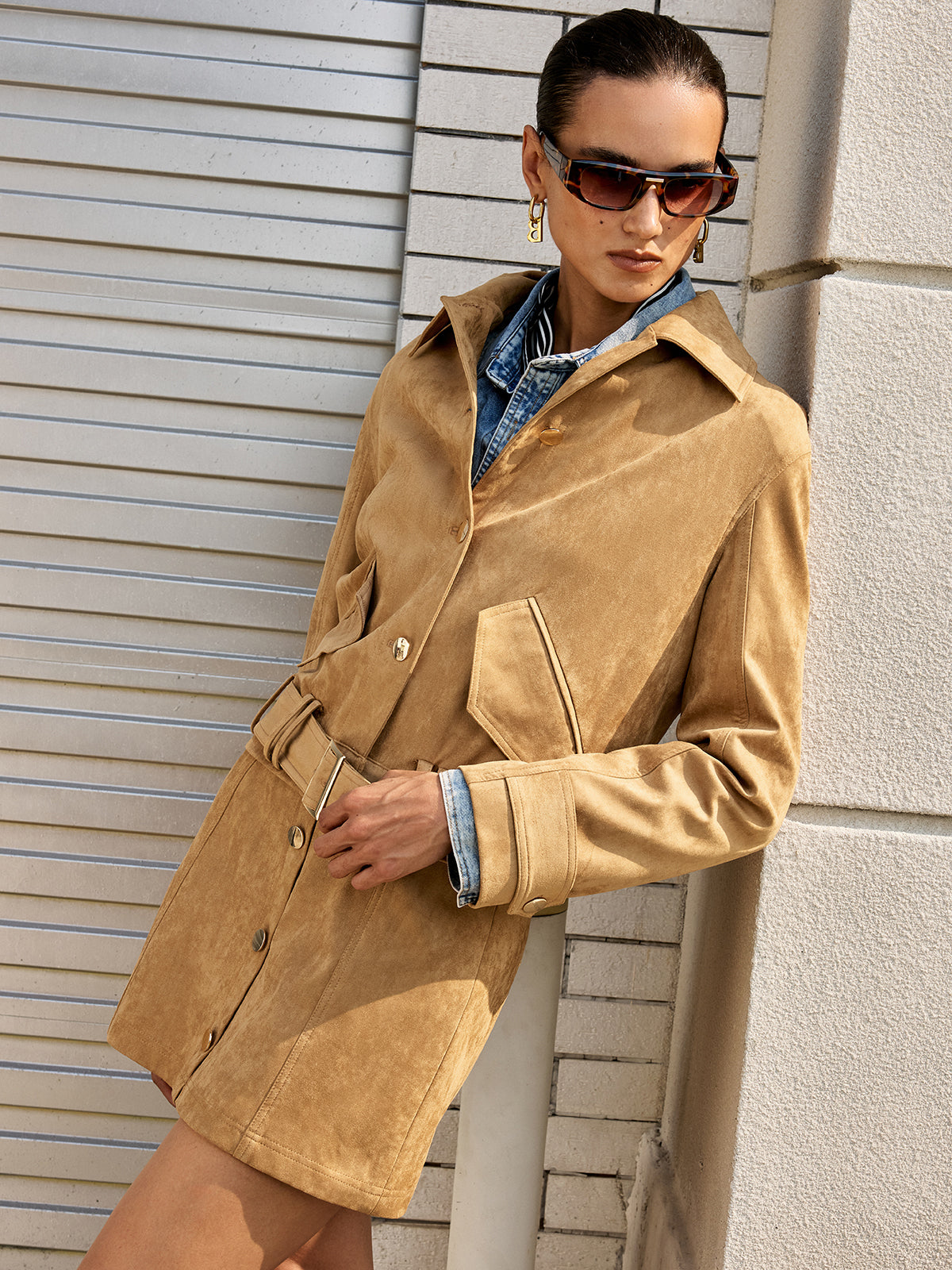 Belted Collared Suede Jacket