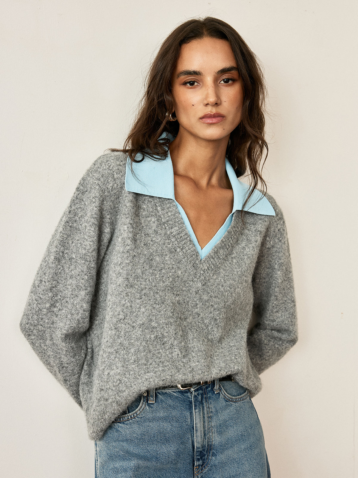 Contrast Collar Wool Blend Sweater