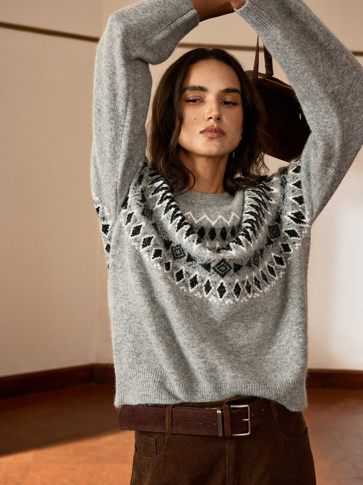 Fair Isle Pattern Rabbit Hair Blend Sweater