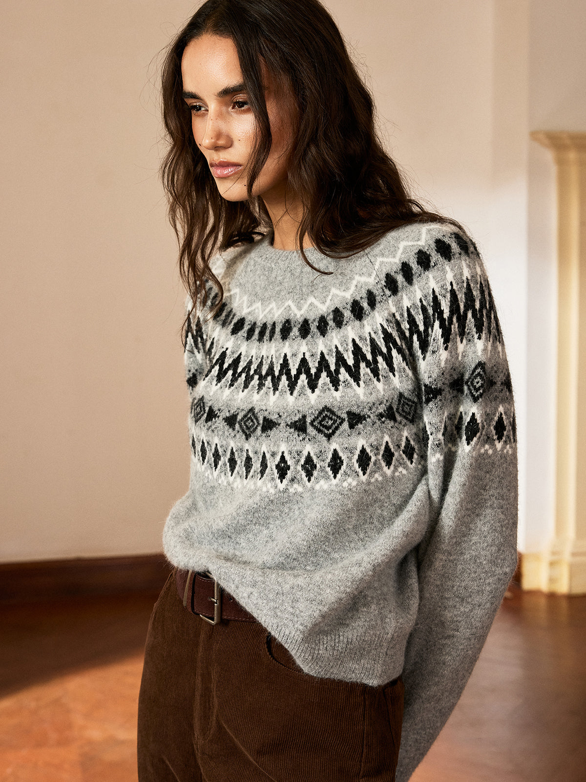 Fair Isle Pattern Rabbit Hair Blend Sweater