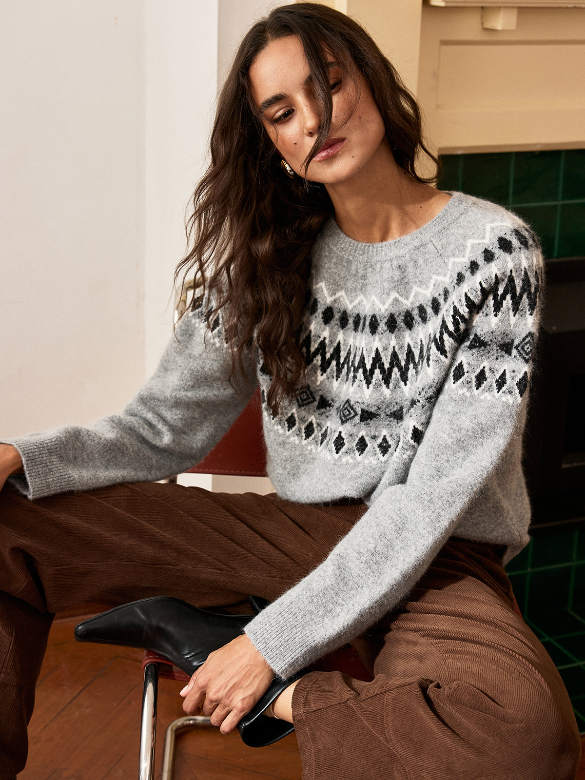 Fair Isle Pattern Rabbit Hair Blend Sweater