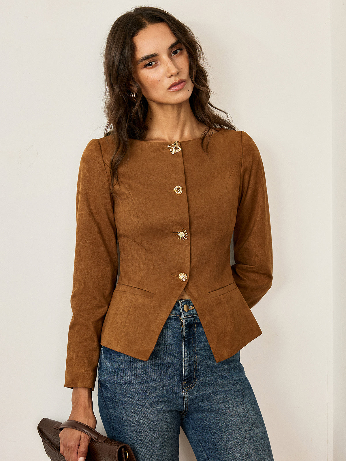 Suede Fitted Metal Button Jacket