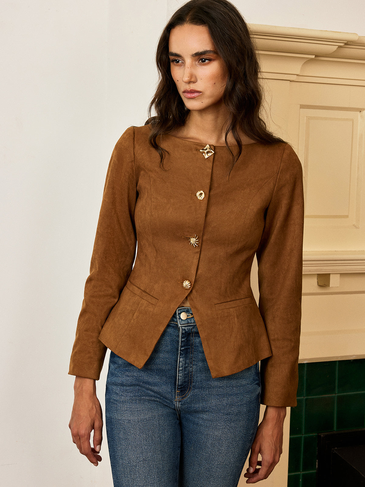 Suede Fitted Metal Button Jacket