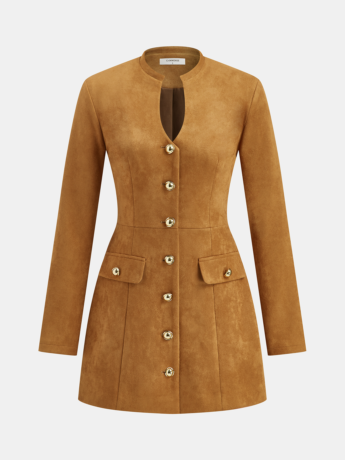 Metal Button Suede Keyhole-Neck Mini Dress