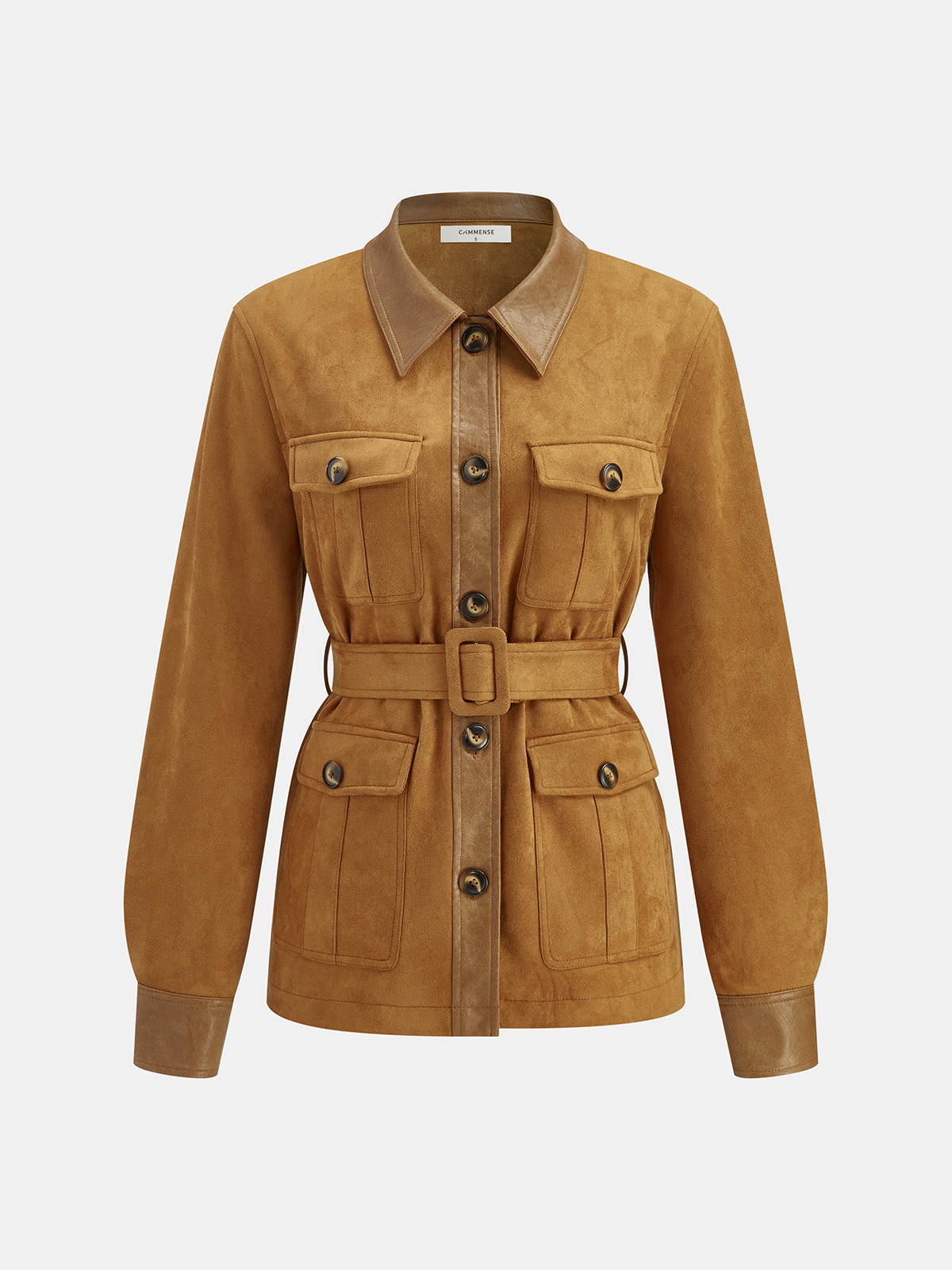 Faux Leather Panel Belted Suede Jacket