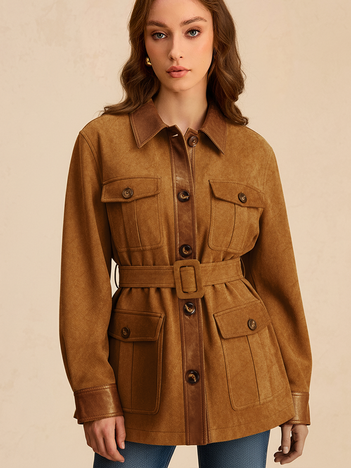 Faux Leather Panel Belted Suede Jacket