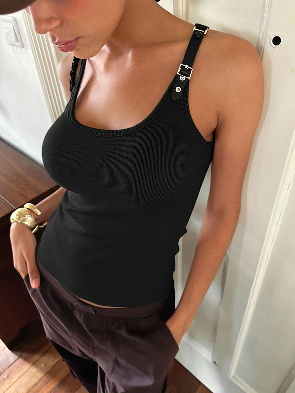 Ribbed Stretchy Faux Leather Buckle Vintage Tank Top
