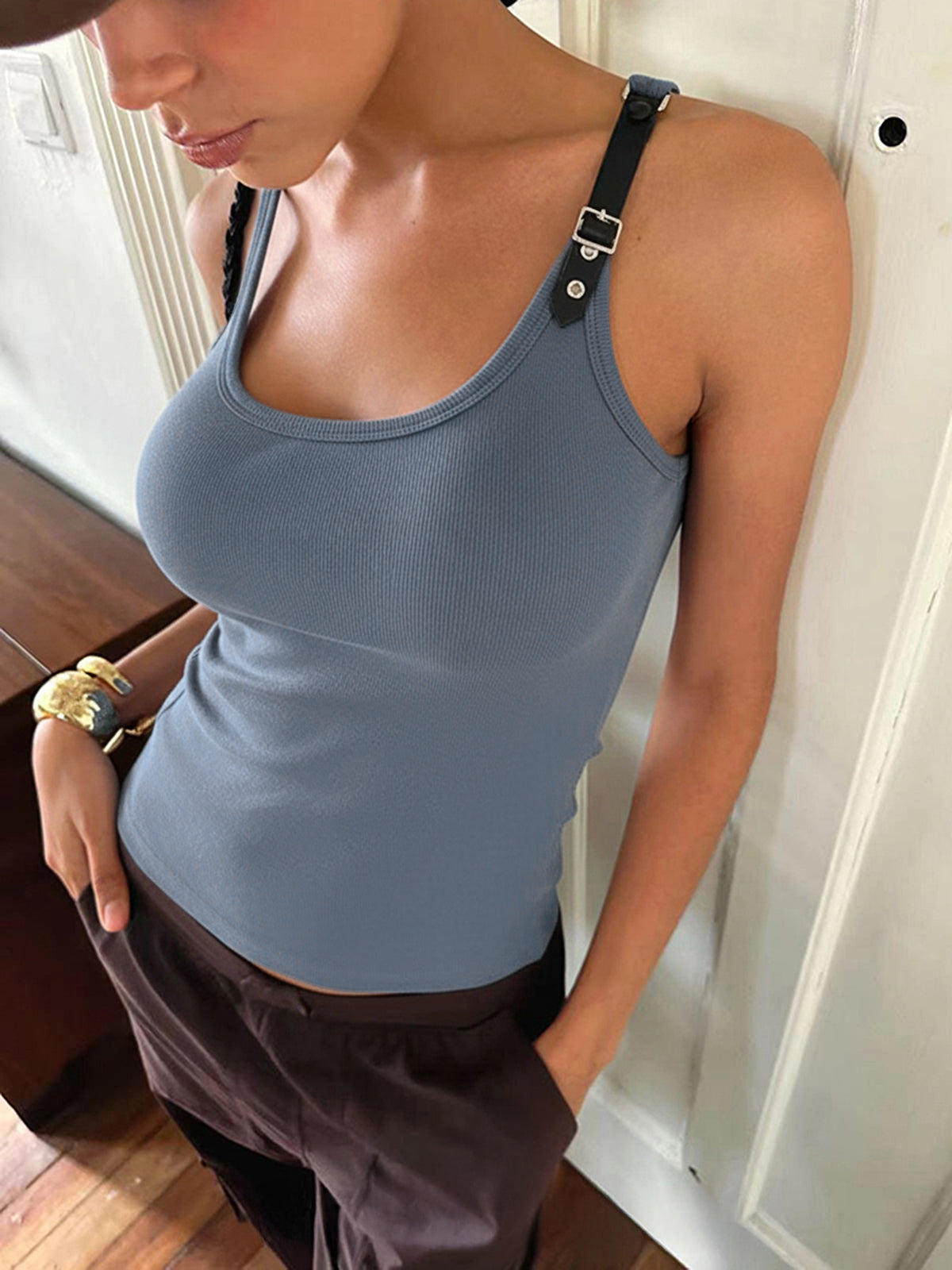 Ribbed Stretchy Faux Leather Buckle Vintage Tank Top