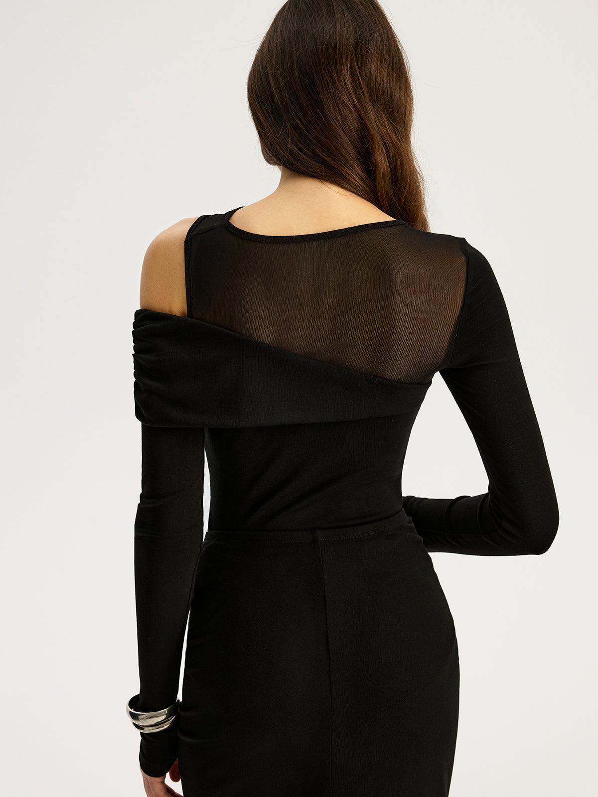 Mesh Paneled Cold-Shoulder Bodysuit