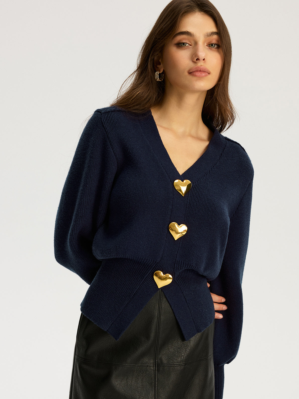 Heart Metal Button V-Neck Cardigan