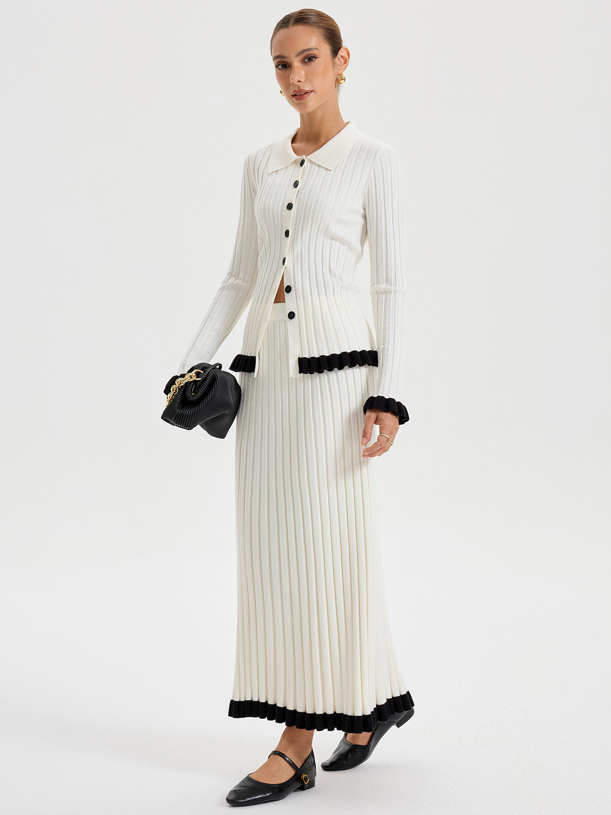 Rib-knit Cardigan with Contrasting Ruffles