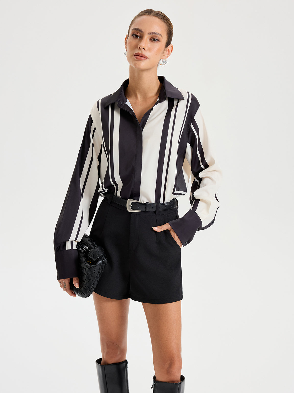 Contrast Striped Lapel Collar Shirt