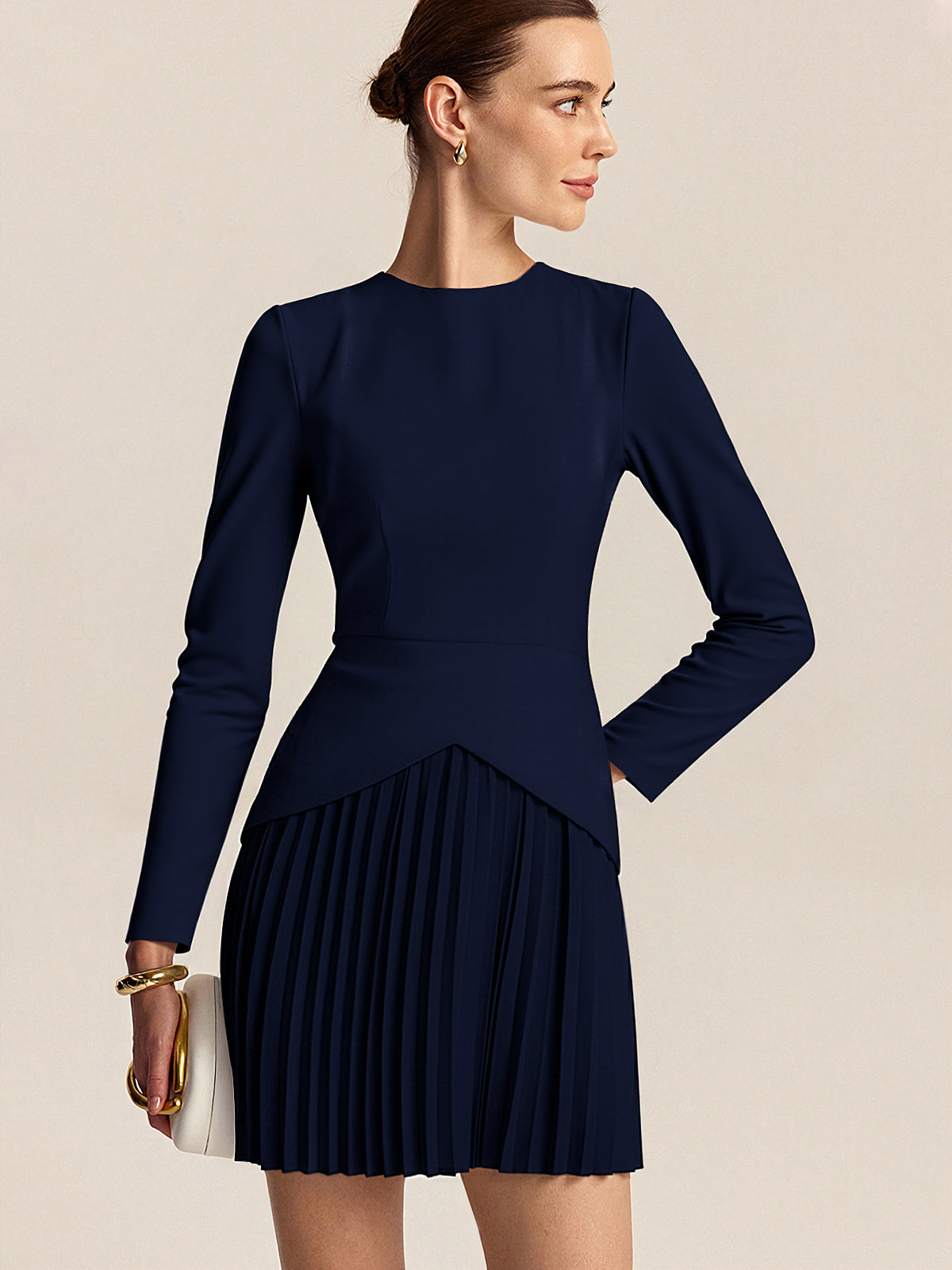 Long Sleeve Color-Block Pleated Dress