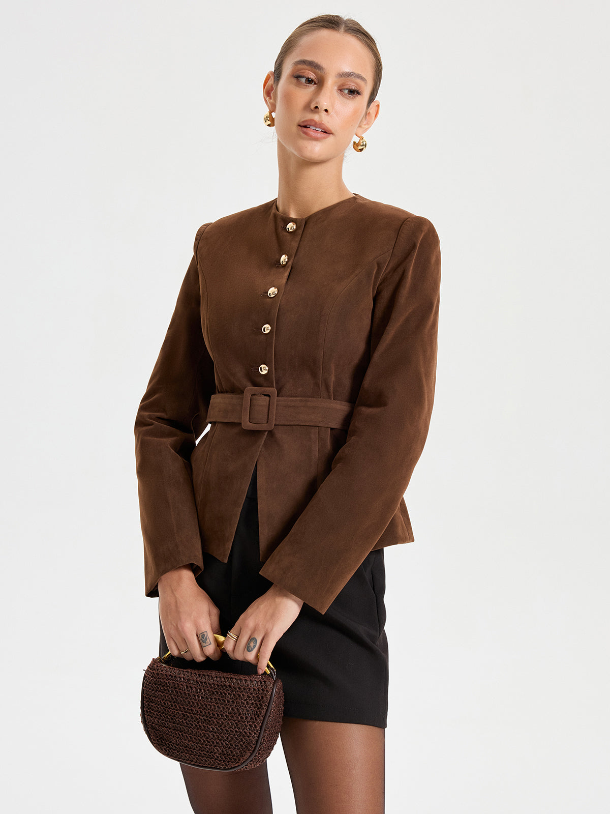 Suede Round Neckline Metal Button Blazer With Belt