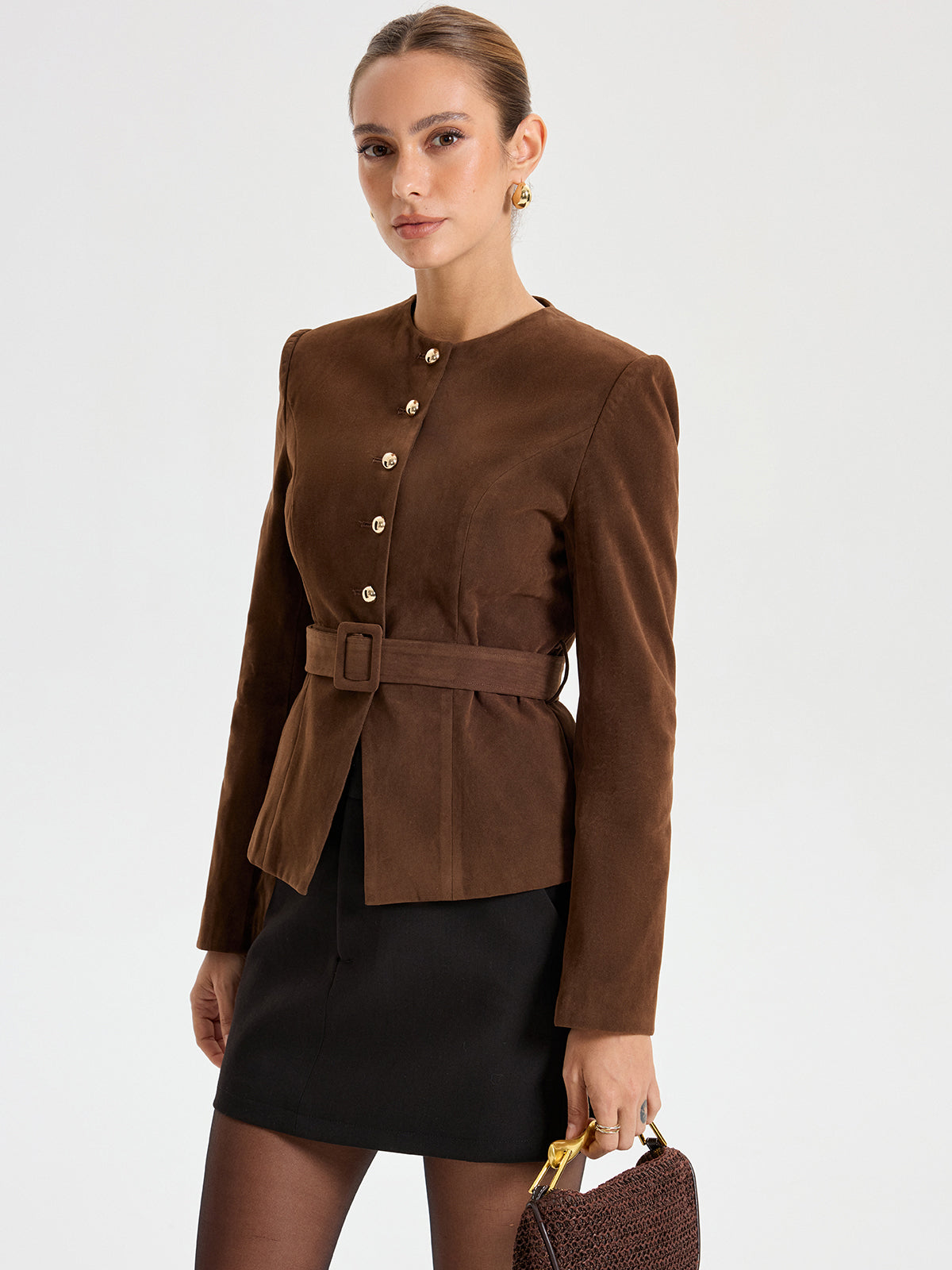 Suede Round Neckline Metal Button Blazer With Belt