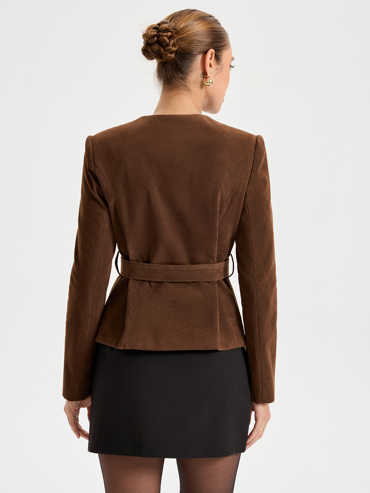 Suede Round Neckline Metal Button Blazer With Belt