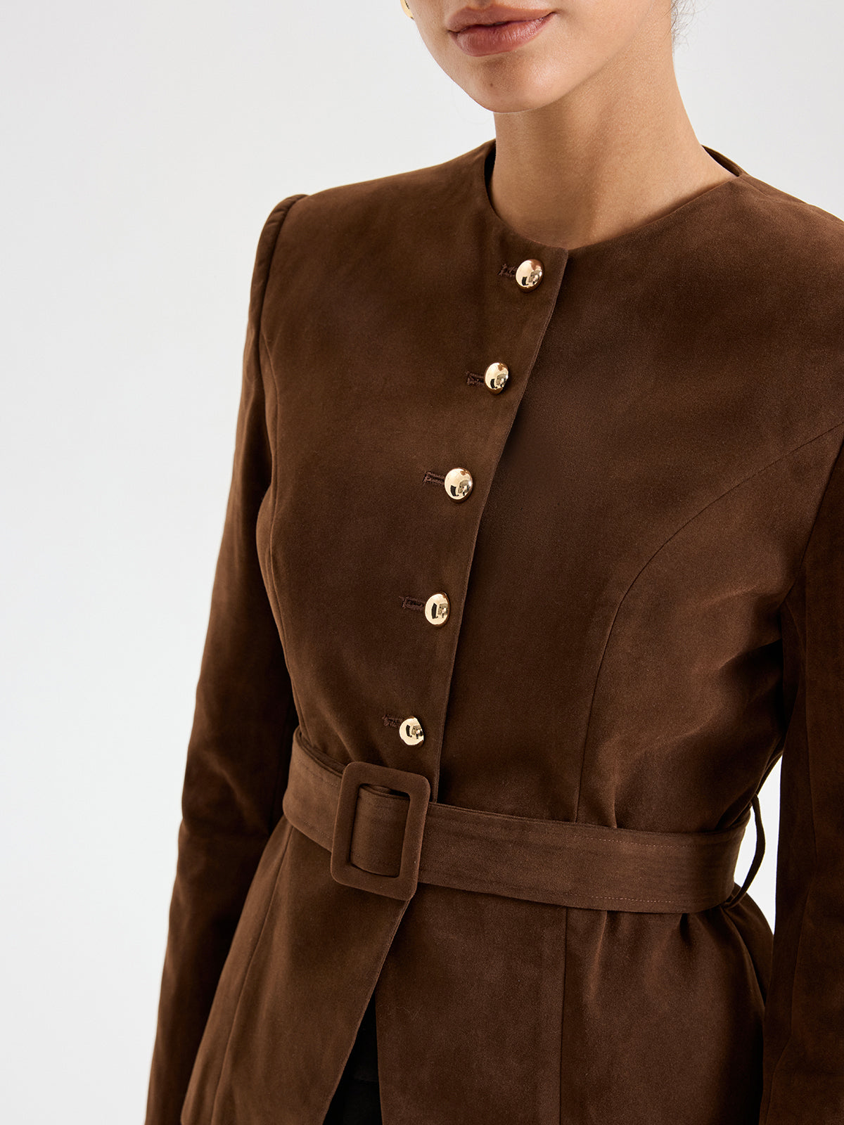 Suede Round Neckline Metal Button Blazer With Belt