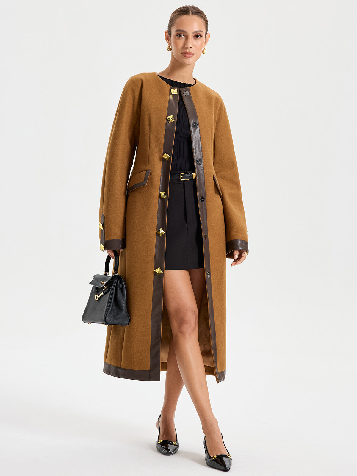 Faux Leather Trim Tweed Long Coat