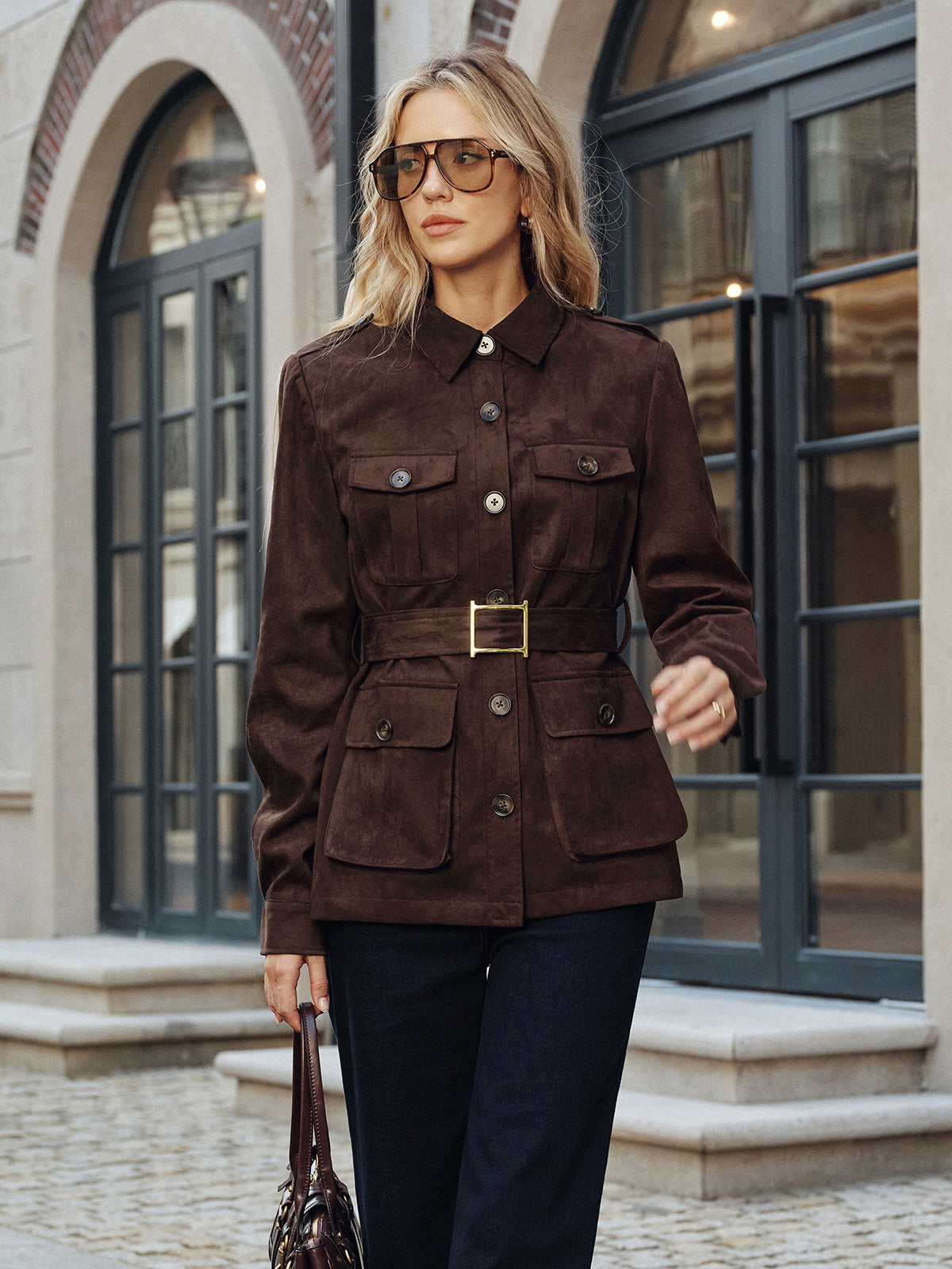 Multiple Pocket Belted Suede Trench Coat