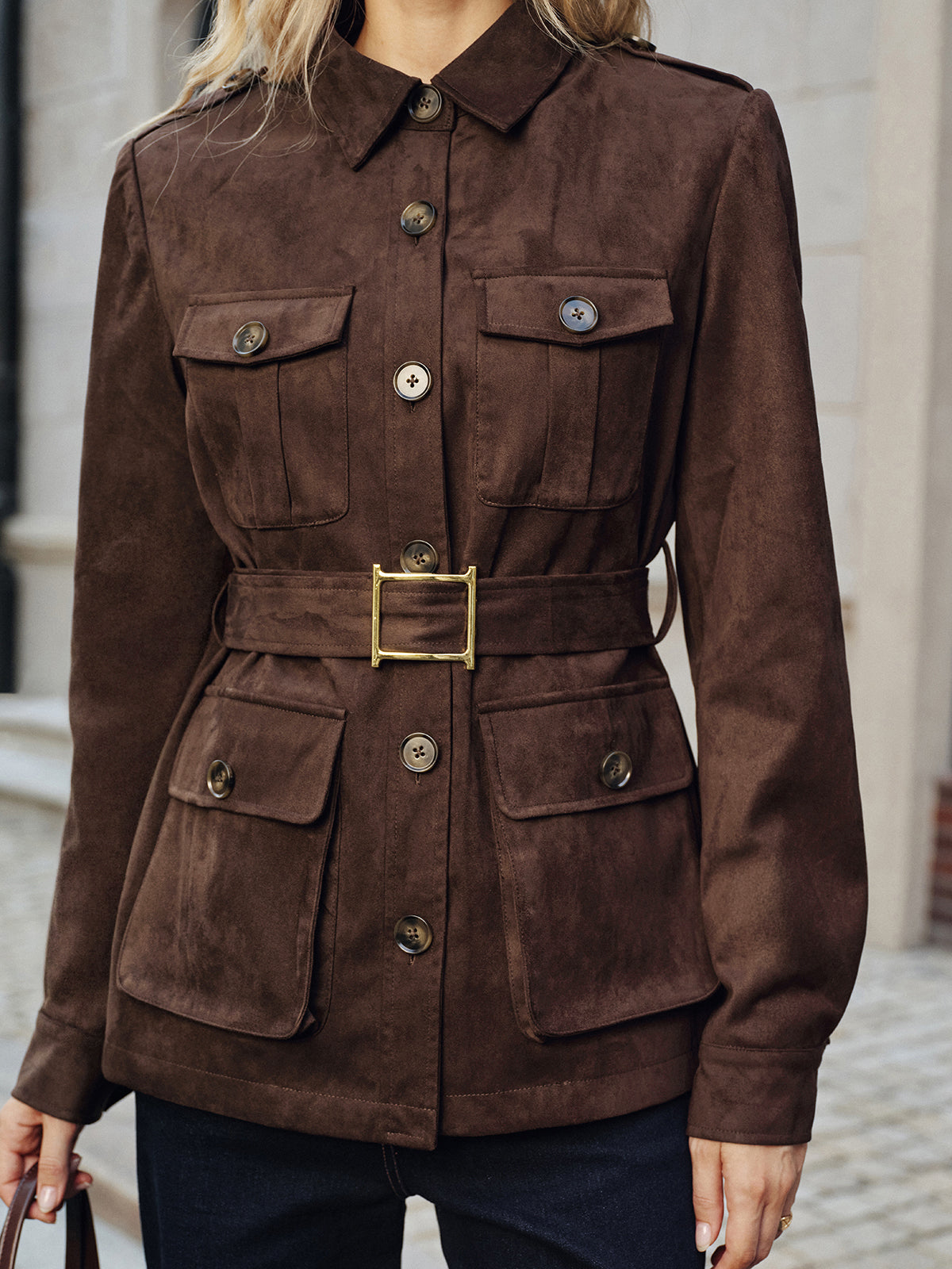Multiple Pocket Belted Suede Trench Coat