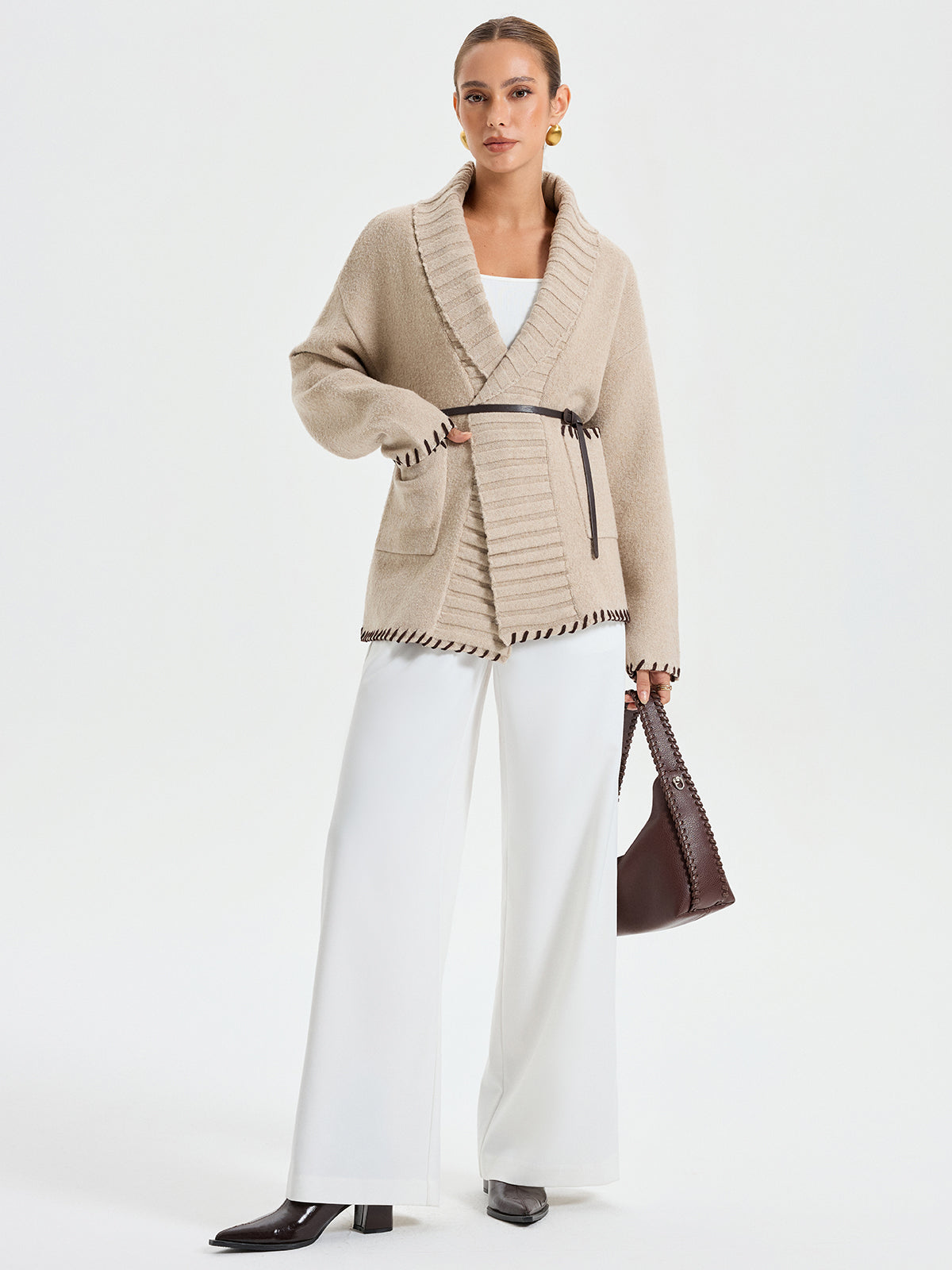Contrast Stitched Shawl Collar Belted Knit Outerwear