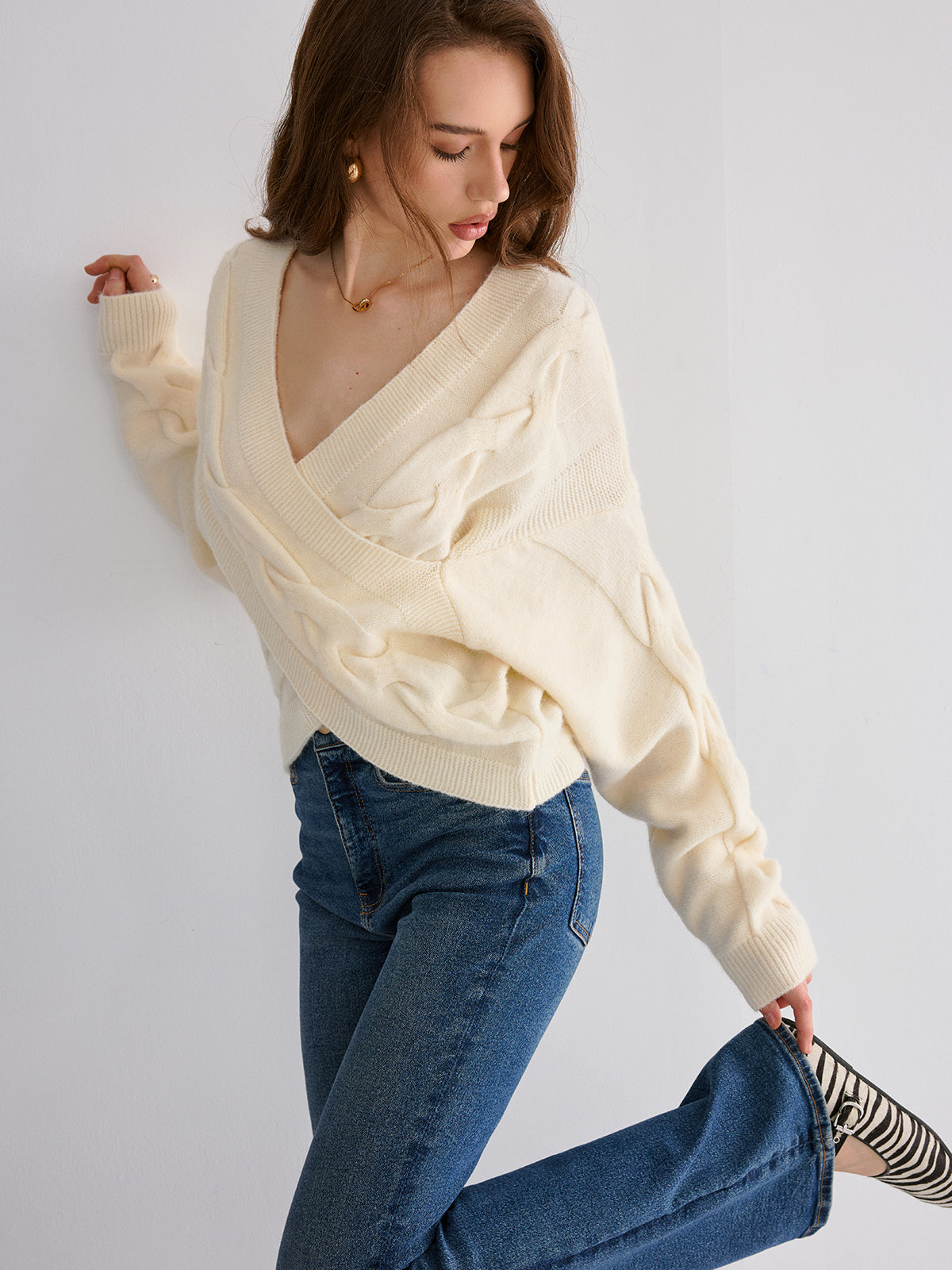 Cable Knit Cross-From V-Neck Sweater
