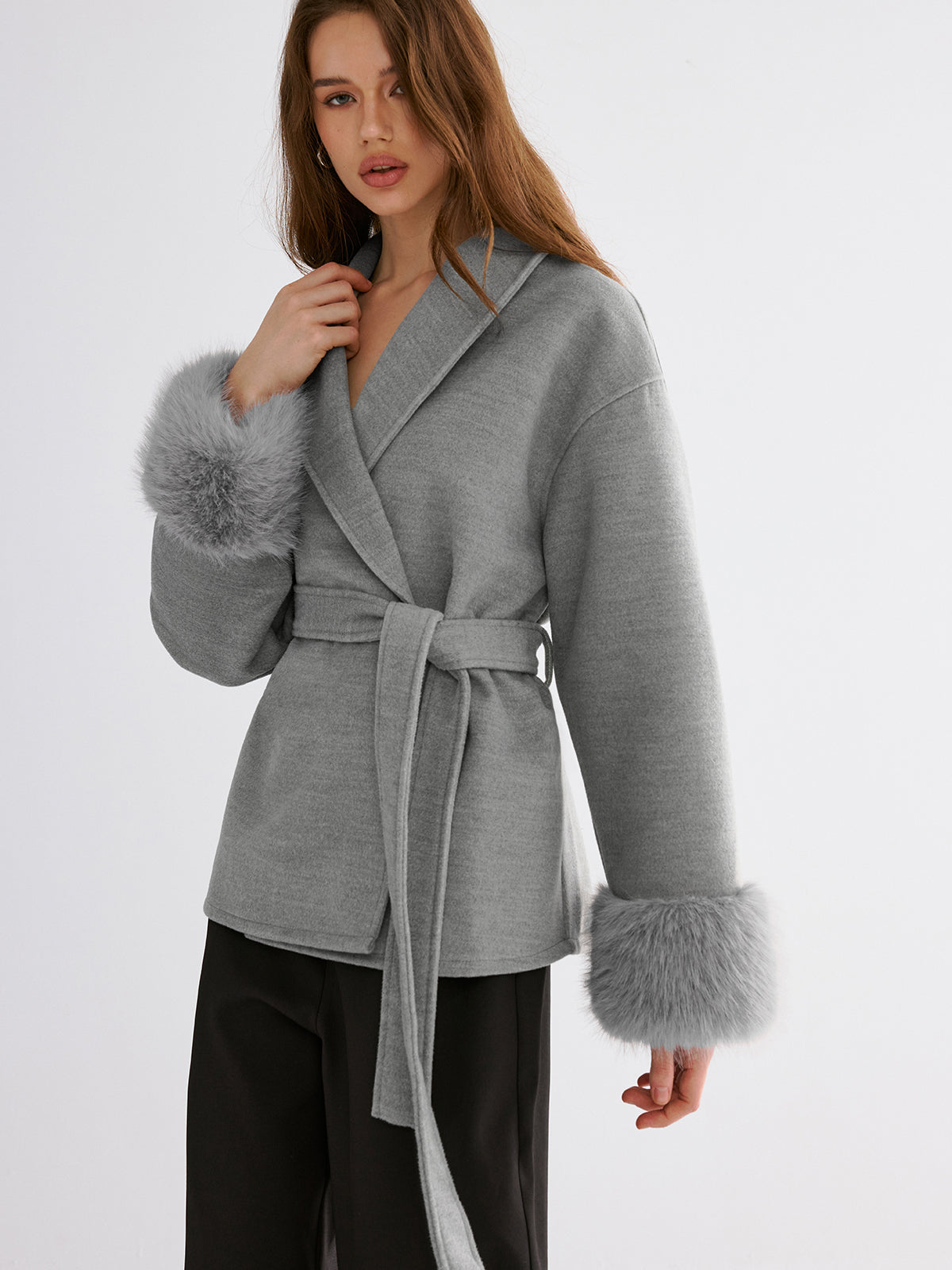 Faux Fur Cuff Belted Coat