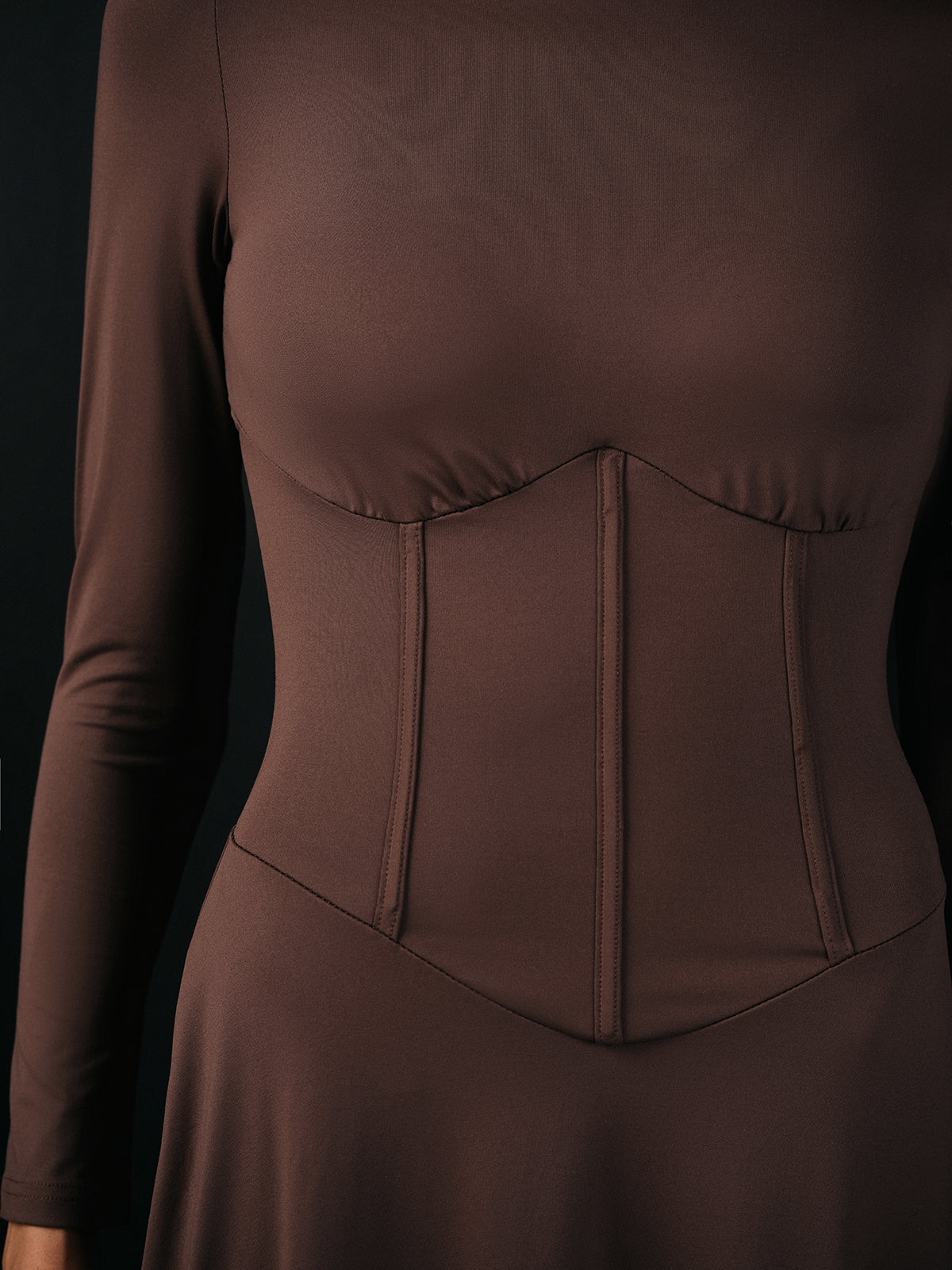 Mock Neck Corset Waist Long Sleeve Maxi Dress