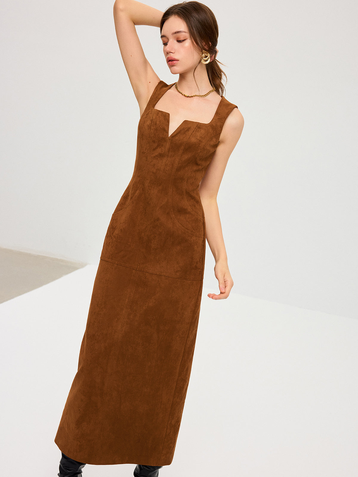 Suede Low-Neck Sleeveless Maxi Dress
