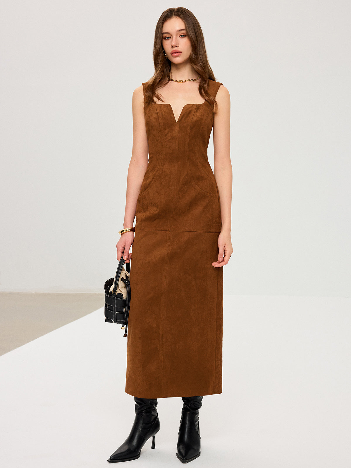Suede Low-Neck Sleeveless Maxi Dress