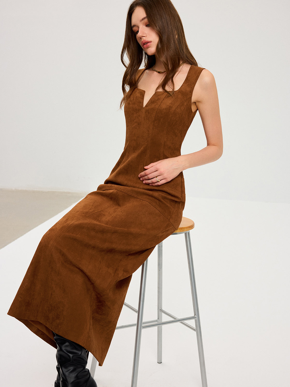 Suede Low-Neck Sleeveless Maxi Dress
