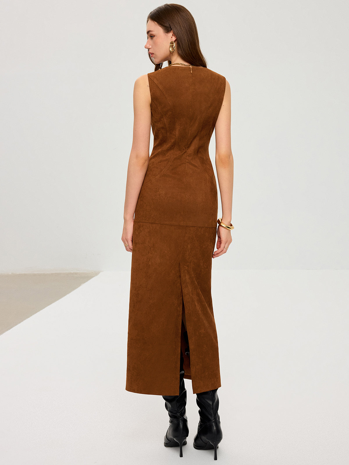 Suede Low-Neck Sleeveless Maxi Dress