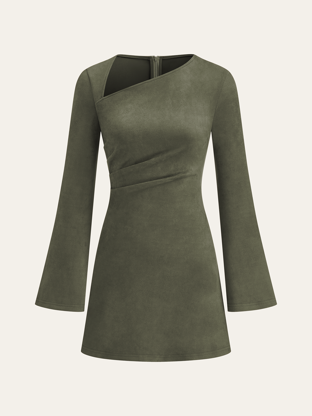 Asymmetrical Ruched Long Sleeve Suede Mini Dress
