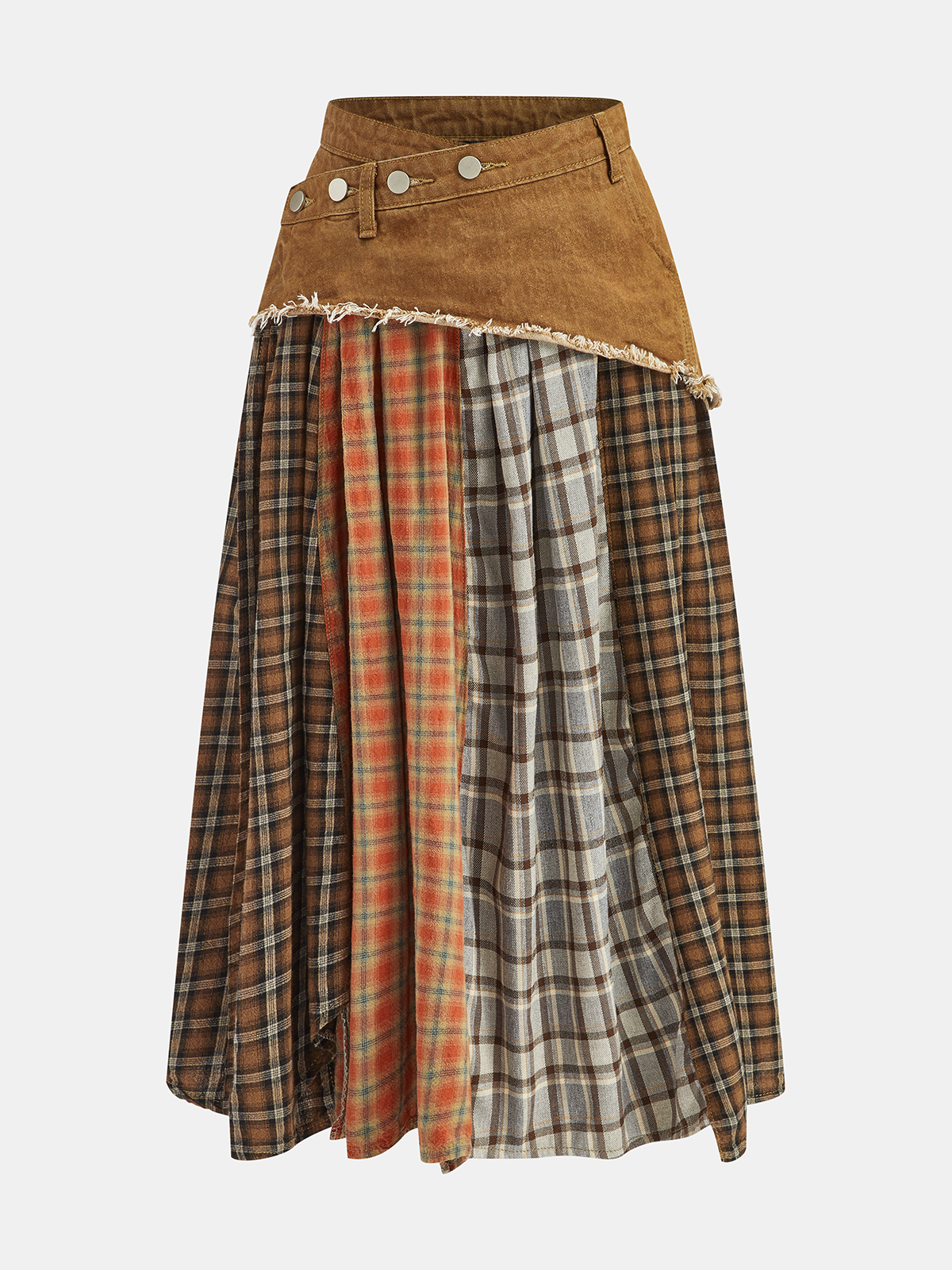 Denim Paneled Mixed Plaid Midi Skirt