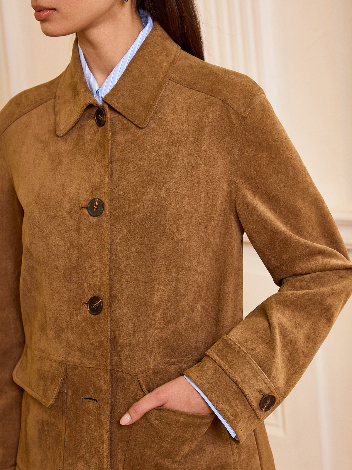 Collared Button-Front Suede Blazer
