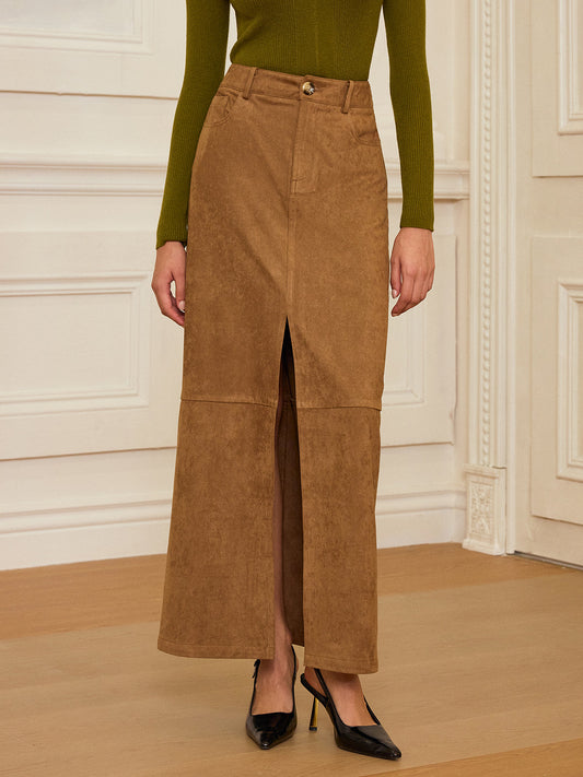 Suede Slit-Front Maxi Skirt