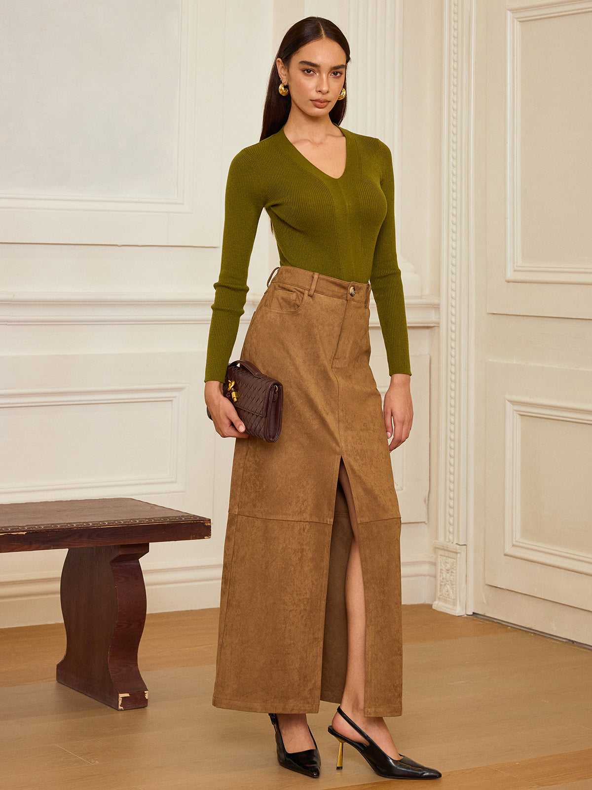 Suede Slit-Front Maxi Skirt