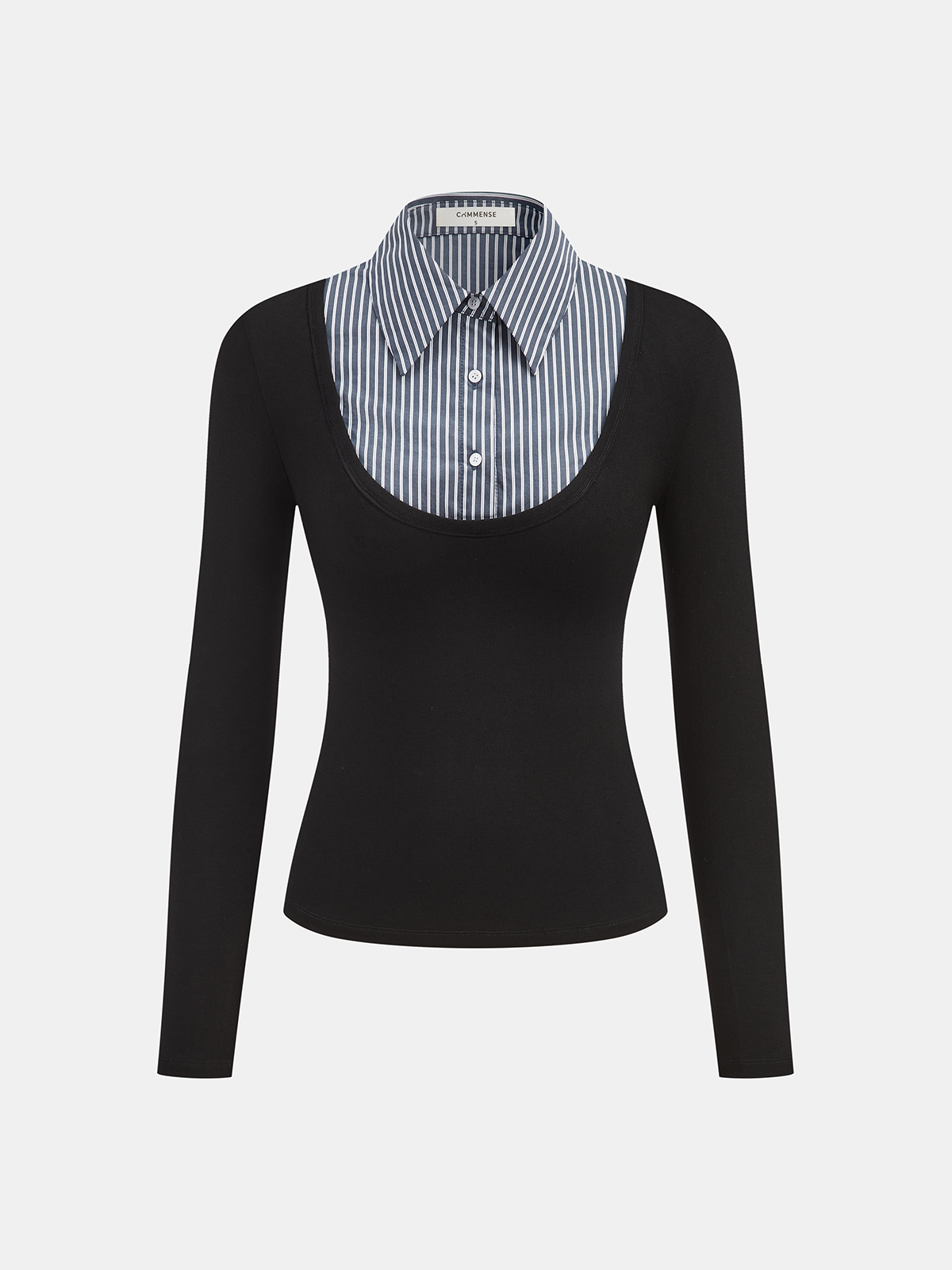Striped Shirt Panel Long-Sleeve Knit Top