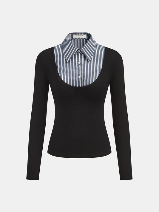 Striped Shirt Panel Long-Sleeve Knit Top