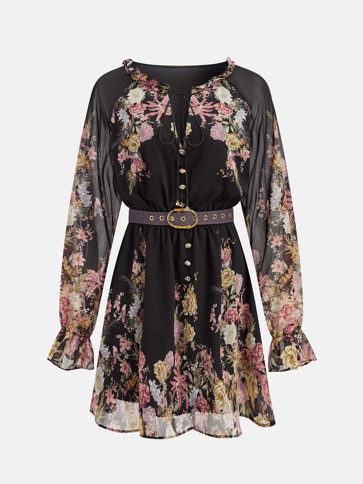 Semi-Sheer Chiffon Floral Print Belted Dress