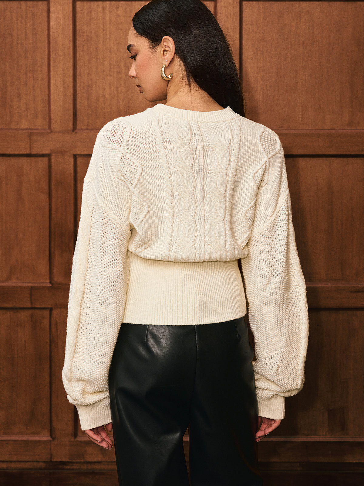 Cinched Waist Cable-Knit Wool-Blend Sweater