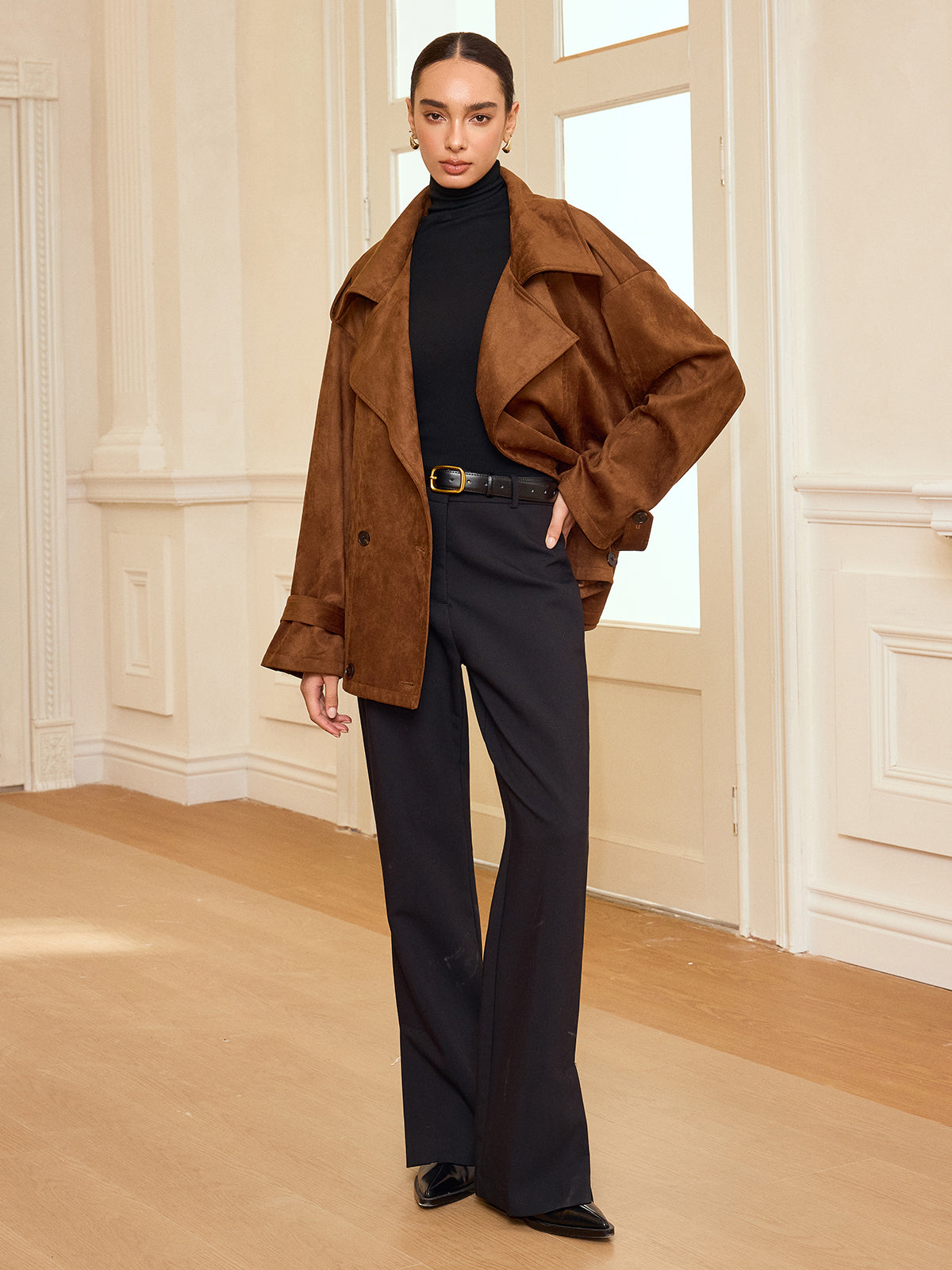 Lapel Suede Belted Trench Coat