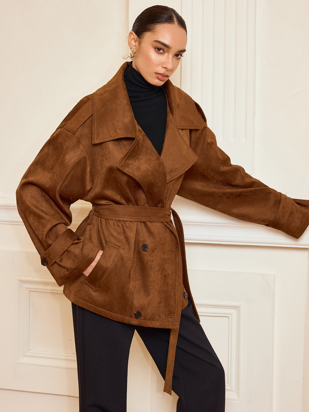 Lapel Suede Belted Trench Coat