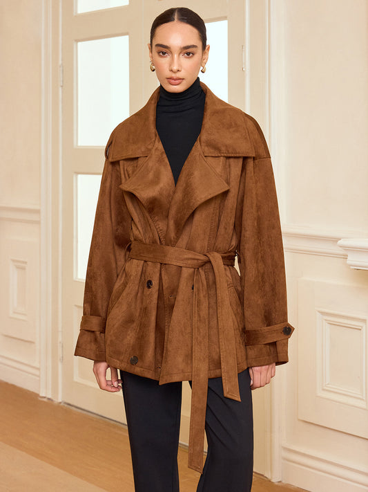 Lapel Suede Belted Trench Coat