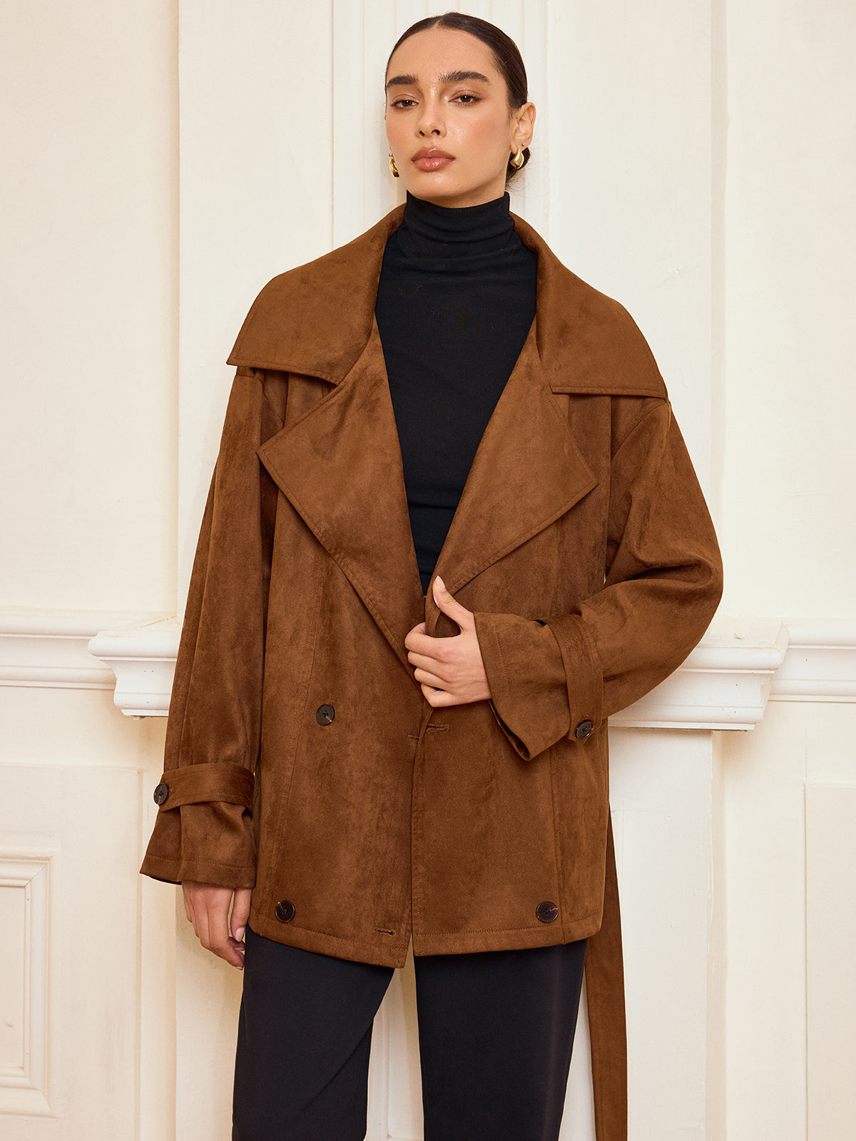 Lapel Suede Belted Trench Coat