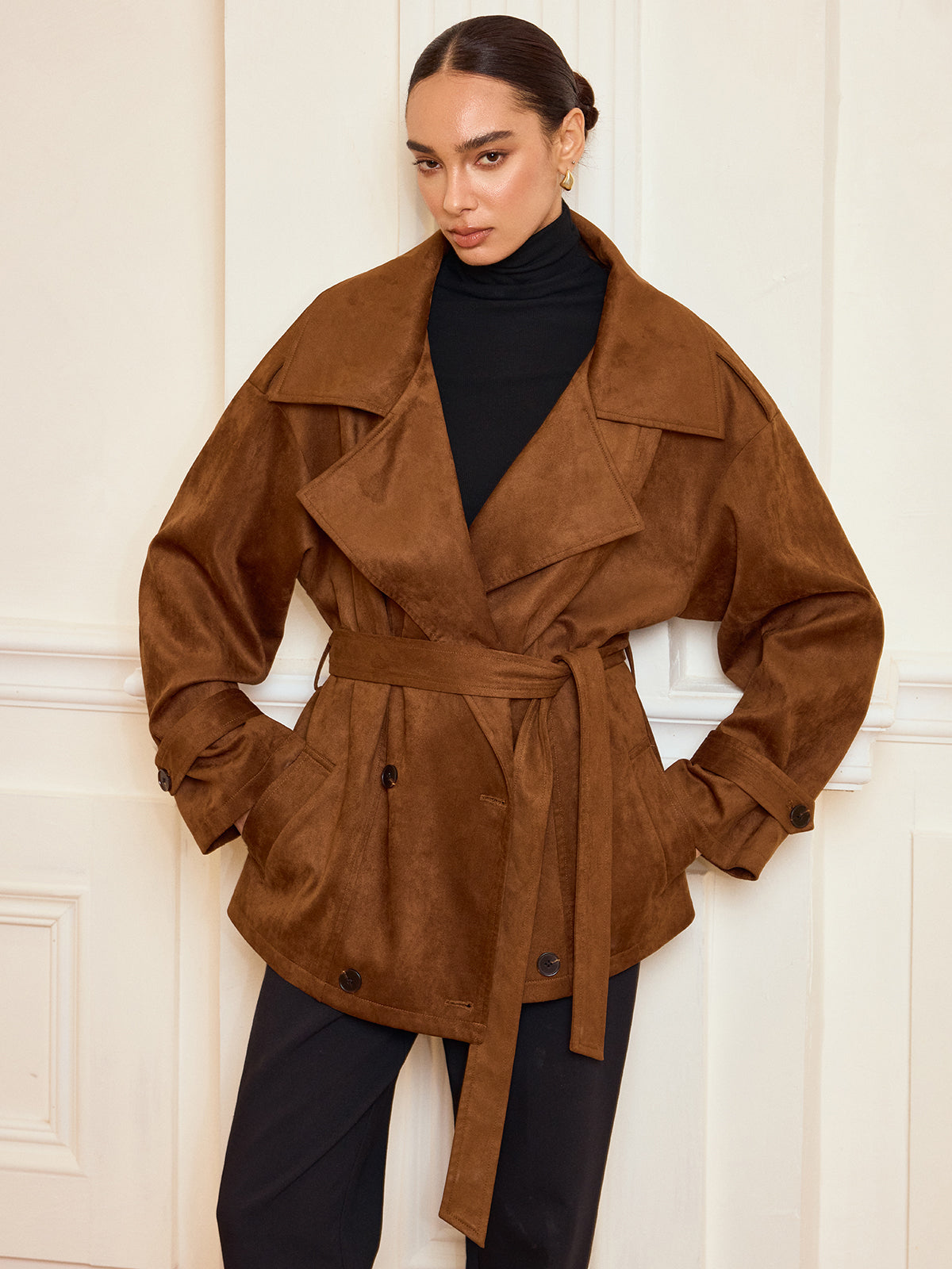 Lapel Suede Belted Trench Coat