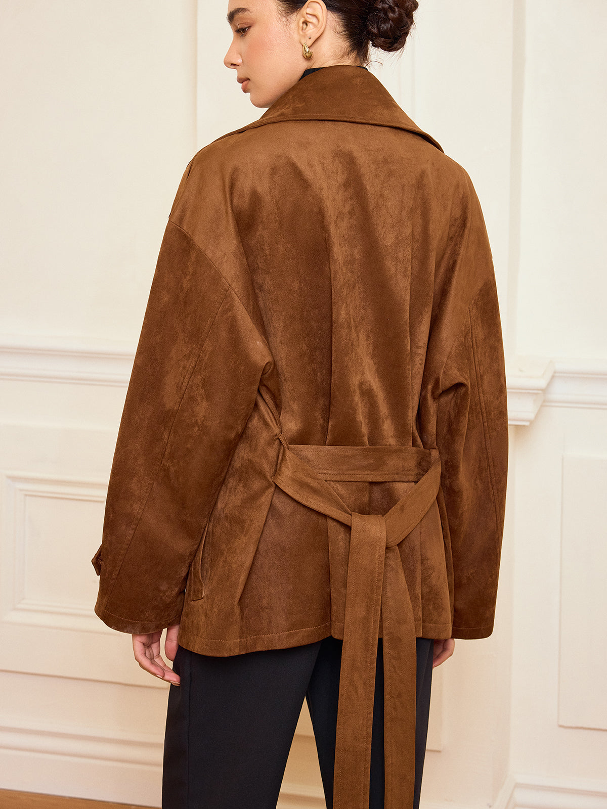 Lapel Suede Belted Trench Coat